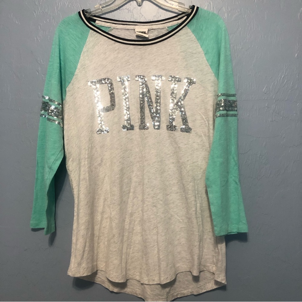 Pink VS Aqua & Heather Grey Top, Size Large